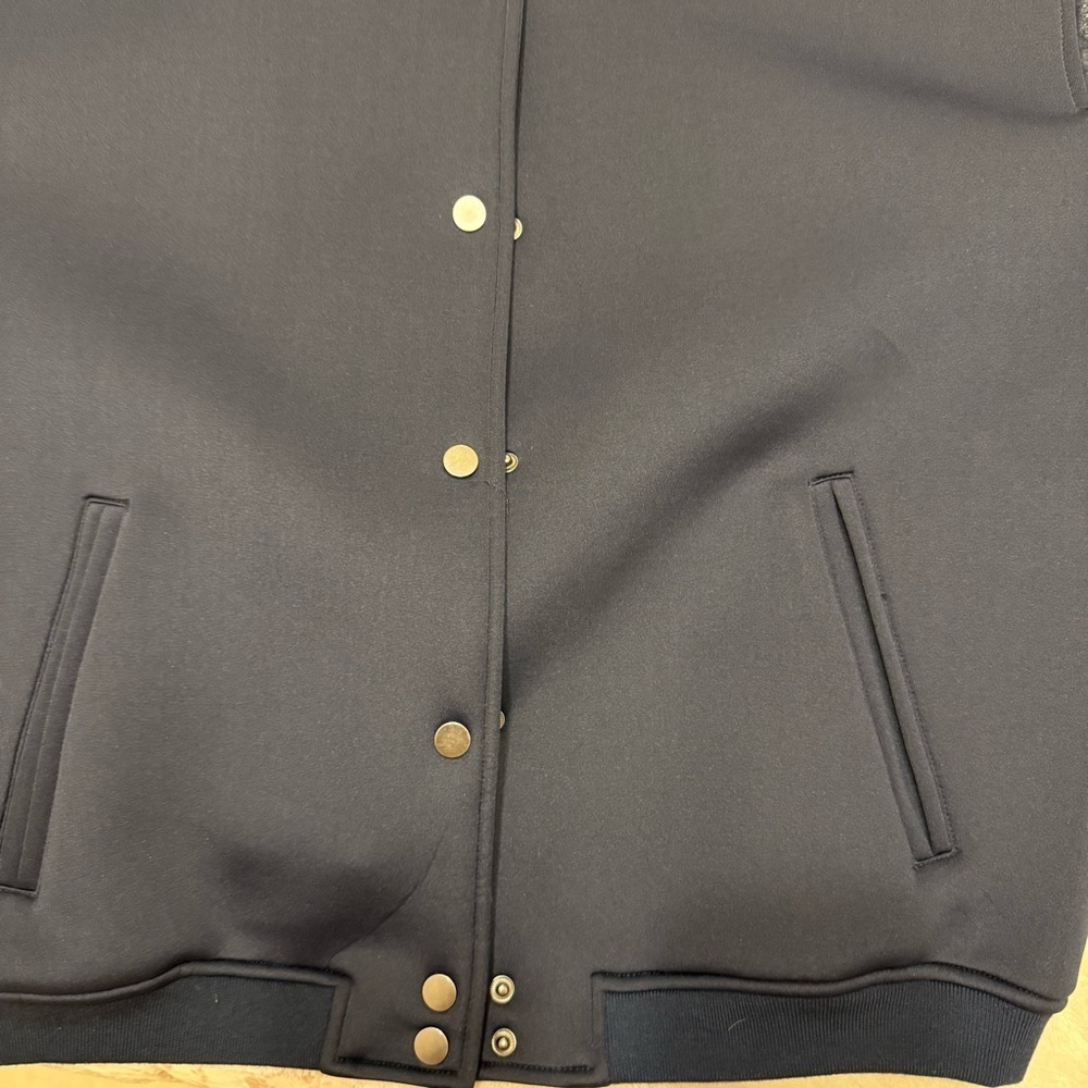 Navy Blue Bomber Jacket with leather sleeves - Picture 4 of 5